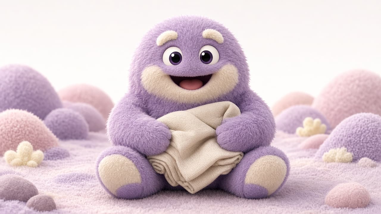 Illustration: the Fuzzlenut, a soft round lavender creature, hugging a bundle of cream linen